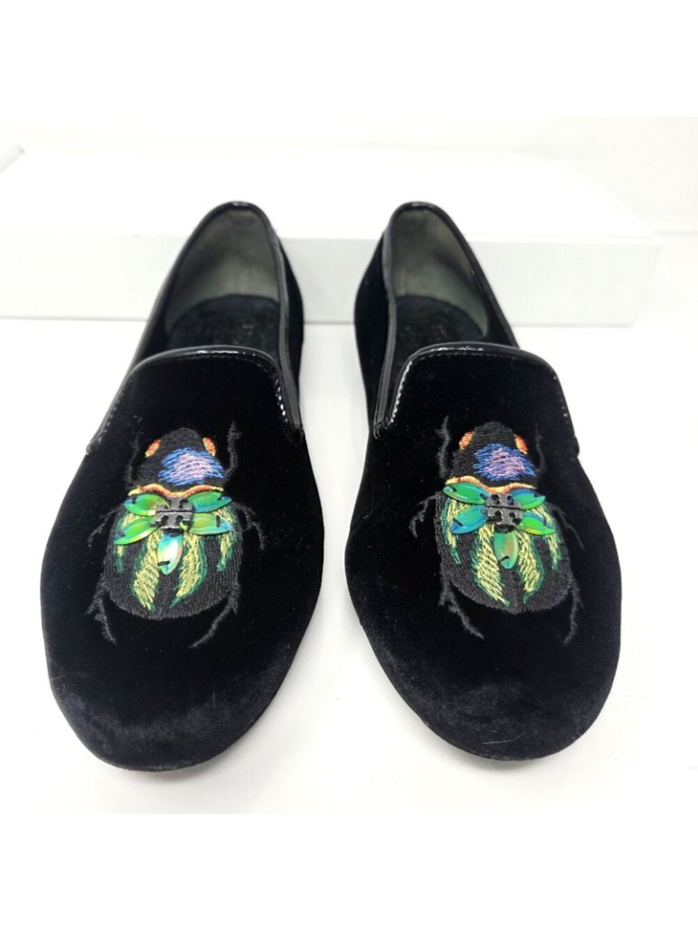TORY BURCH Easton Black Velvet Slipper Loafer Flats embroidered beetle logo 7 M - Picture 3 of 10